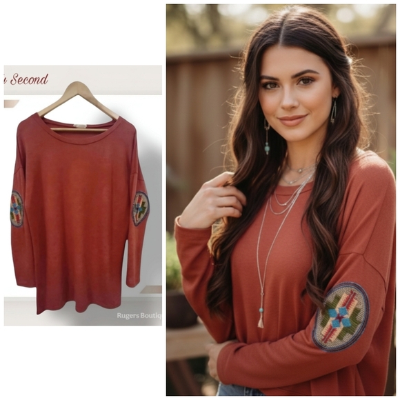 twenty second Tops - 🌿Twenty Second Women's Rust Estimated Medium Aztec Elbow Pad Design Top